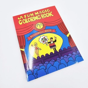 Close-up of a fun magic coloring book featuring a cartoon magician on white background