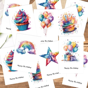 Watercolor happy birthday cards with cupcakes and balloons on wooden background