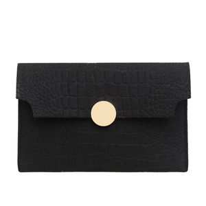 Elegant black crocodile pattern envelope clutch bag with a sleek round gold metal buckle