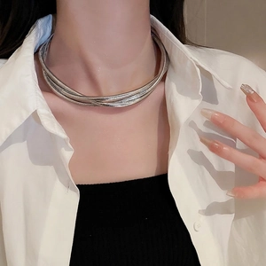 Elegant multi-layered silver snake chain choker necklace for women with a minimalist design
