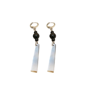 Modern minimalist silver earrings with black round beads and white gradient long pendants