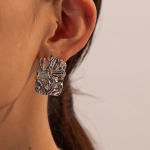 French vintage style 18k gold plated stainless steel square wrinkled earrings in silver