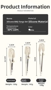 Size chart for heat-resistant silicone food tongs in 9, 12, and 14 inch specifications