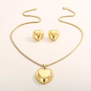 Minimalist gold hollow heart jewelry set with polished pendant necklace and stud earrings