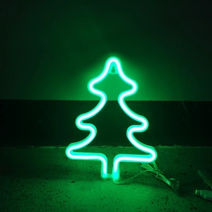Close-up of green LED neon Christmas tree light with USB cable and hanging hook