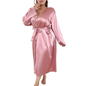 Women's plus size long silk satin bathrobe in lotus pink with V-neck and waist tie belt