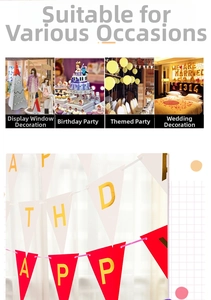 Detail of Happy Birthday gold foil lettering on red and white triangular party banners