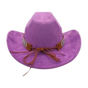 Detailed view of the dark purple suede cowboy hat with a bohemian ethnic pattern band