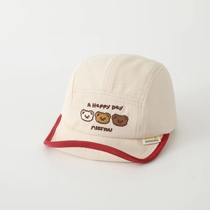Close-up of baby baseball cap featuring cute three bears embroidery and soft red brim