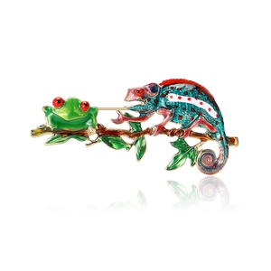 Enamel chameleon and frog brooch on golden branch, high-quality jewelry for women