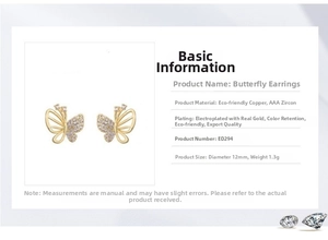 Detail view of 12mm gold butterfly stud earrings with AAA zircon stones and size specifications