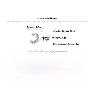 Detailed specs of silver C-shaped ear cuff made of copper and cubic zirconia stones