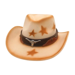 Western cowboy felt hat in beige with star prints and longhorn bull skull ornament