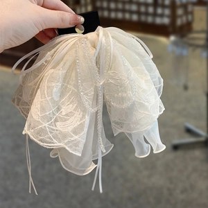 Grande Pince À Cheveux Noeud Dentelle Organza Ruban Fausse Künstliche Perle Gland Pince Requin Coiffe Romantique Coréenne Femmes