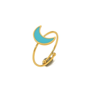 Detailed view of bohemian gold crescent moon ring with light blue enamel and bead accents
