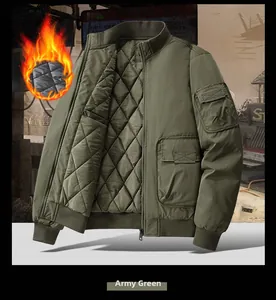 Detail of green bomber jacket featuring diamond quilted lining and utility arm pocket