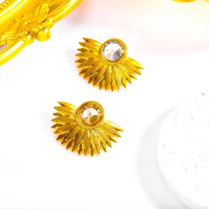 Retro 18K gold plated sunburst fan stud earrings with crystals on a white background