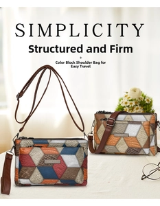 Detail of vintage geometric patchwork crossbody bag with premium pebbled leather texture