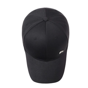 Men's black baseball cap with silver metal SPORT logo on a clean white background