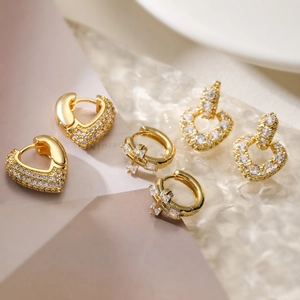 Heart And Cross Huggie Earrings For Women Copper 18K Gold Plated Cubic Zirconia Fashion Jewelry