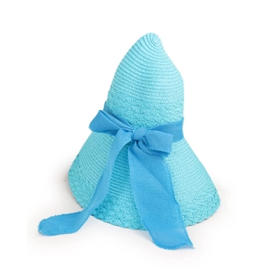 Detail of light blue straw sun hat featuring a large bow and stylish pointed crown design