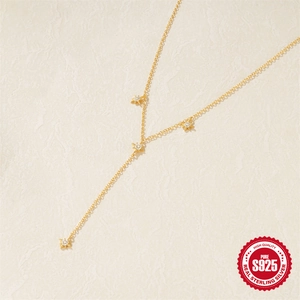 925 Sterling silver Y-shaped long tassel necklace with golden star pendants and zircons