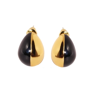 Elegant gold and black enamel teardrop stud earrings with a polished mirror finish