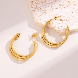 Modern gold triple-layered C-shaped stud earrings with polished metallic finish for women