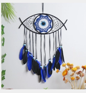Detail of a black Evil Eye dreamcatcher with crochet pattern and natural feathers