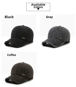 Detail of wool blend peaked caps with herringbone texture and metal CHINA emblem