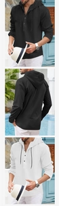 Detailed views of men's casual hooded Henley shirts in black and white cotton linen fabric