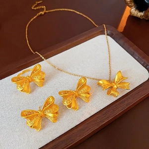 Butterfly Bow Jewelry Necklace Ring And Earrings Alloy 18K Gold Plated Hollow Filigree With Silver Earring Post For Women