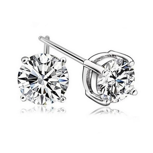 Classic silver sterling round zircon stud earrings with four-prong setting for daily wear