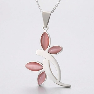 Flower Leaf Pendant Necklace And Earrings Stainless Steel Pink White Cats Eye Stone Rhinestone Elegant Fashion Women