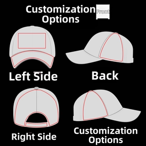 Detailed four-view diagram showing customizable areas on a vintage washed baseball cap