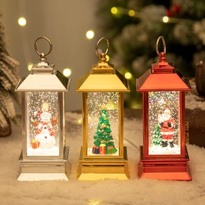 Three glittering Christmas lanterns with Santa, Snowman and Tree for holiday decoration