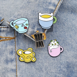 5pcs cartoon coffee enamel pins set on denim jacket featuring fun colorful designs