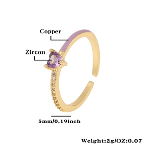 Detail of gold open ring with purple enamel heart zircon and product dimensions