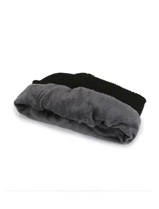 Detail of the thick fleece lining and black knit texture for winter beanies