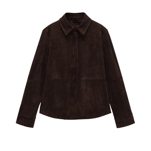 Women's Casual Faux Suede Shirt Jacket Western Style Long Sleeve Lapel Hidden Placket Solid Color Dark Brown Outerwear Coat