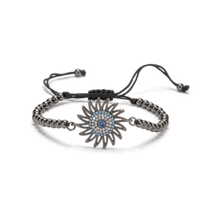 Adjustable copper sun flower bracelet with micro-paved blue zircons and gunmetal beads