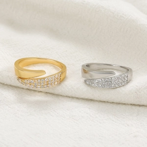 Minimalist gold and silver open rings with sparkling pavé crystals for women