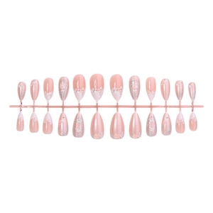 24 künstliche Nägel in Nude-Rosa mit weißen Blumen, Spitze und Schleifen-Designs