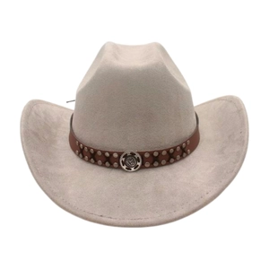 Detail of western cowboy hat with brown leather band and vintage metal studs