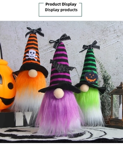 Detailed view of trio set Halloween gnomes with stripe hats and festive ornaments