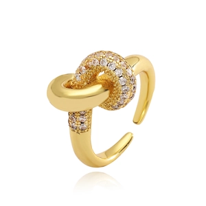 Luxury 18K gold plated knot ring with white zircon stones and adjustable open design