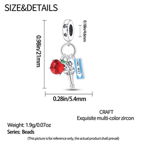 Size details of silver apple and torch charm bead with zircon for charm bracelets