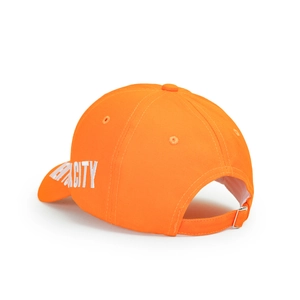 Detail of orange baseball cap with white 3D CITY embroidery and metal buckle strap