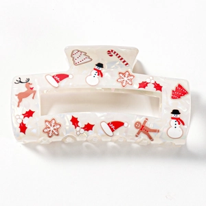 Christmas themed square hollow hair claw with colorful cartoon patterns on white base