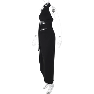 Detail of sexy backless halter neck maxi dress with side slit and cut-out lace-up design
